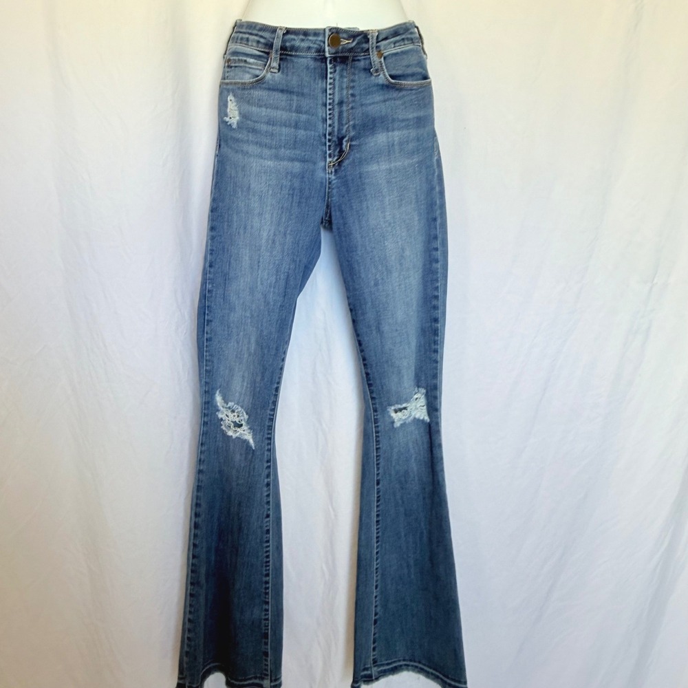 Articles of Society Flare Jeans Distressed Blue Raw Hem High Rise 26